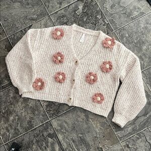DREAMERS BY DEBUT Crochet Flower Appliqué Button Sweater Cottagecore Whimsical
